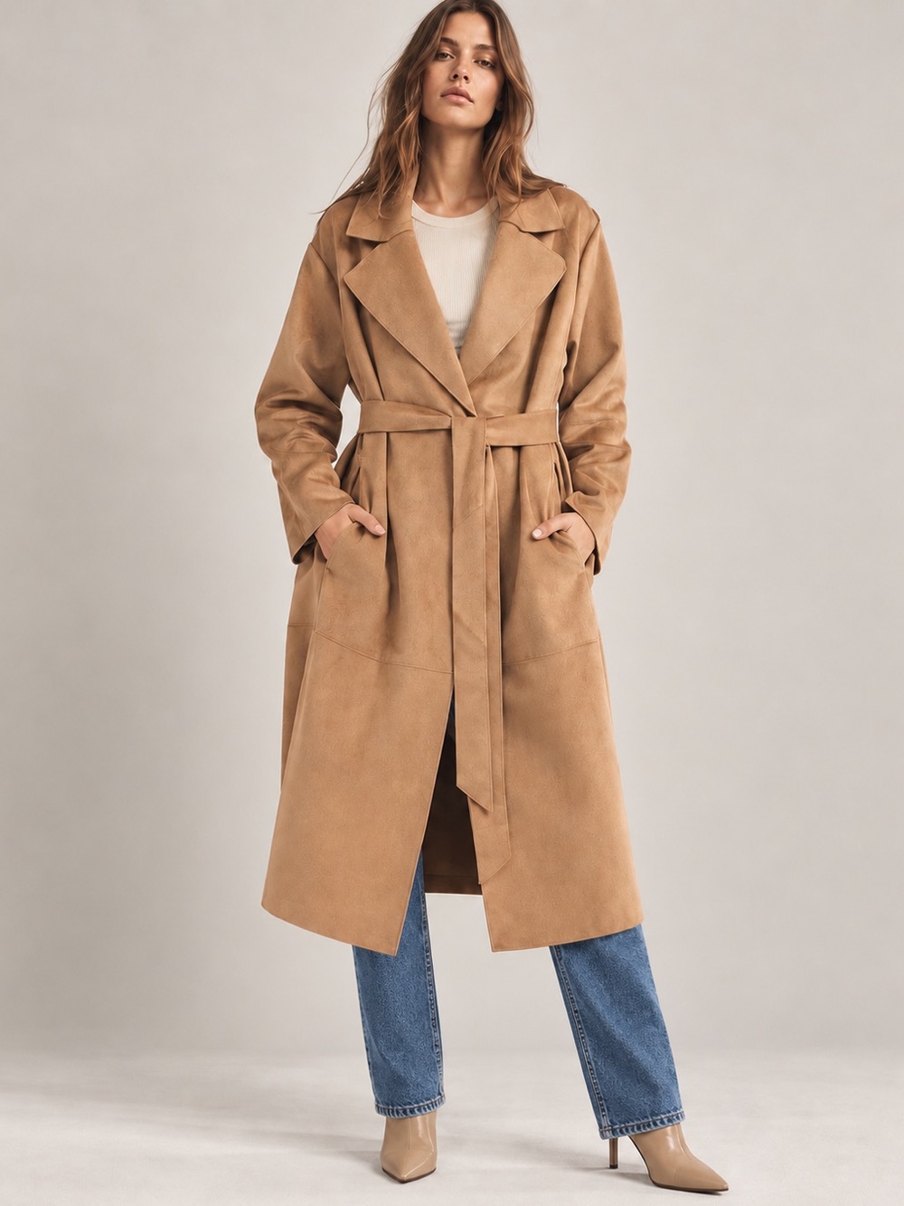 #302 New! Belted Vegan Suede Long Coat
